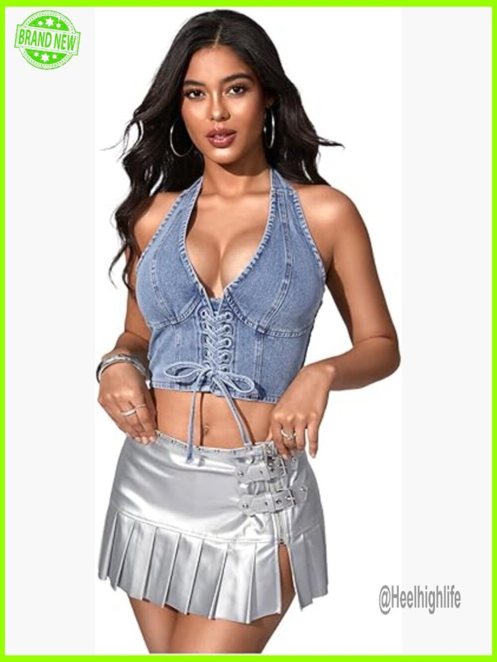Denim Corset Halter Crop Top Lace Up Backless Y2K Vest
